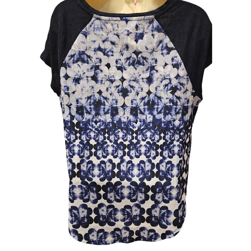 Talbots S blue mixed media linen panel floral back coquette boxy top oversized